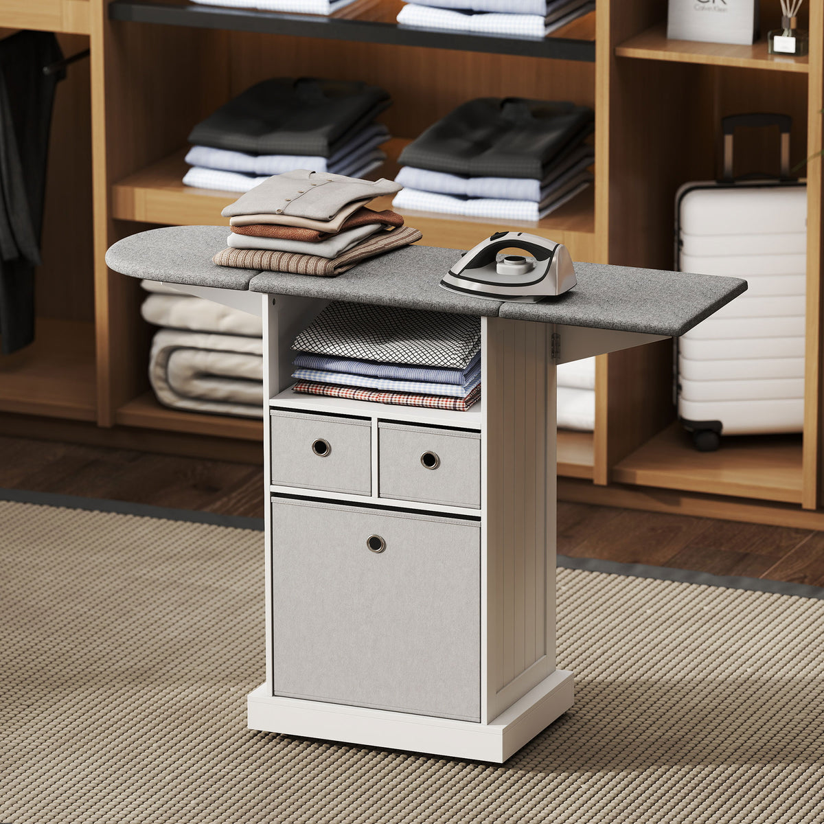 HOMCOM Mobile Ironing Board Cabinet With Wheels, Foldable Top, White