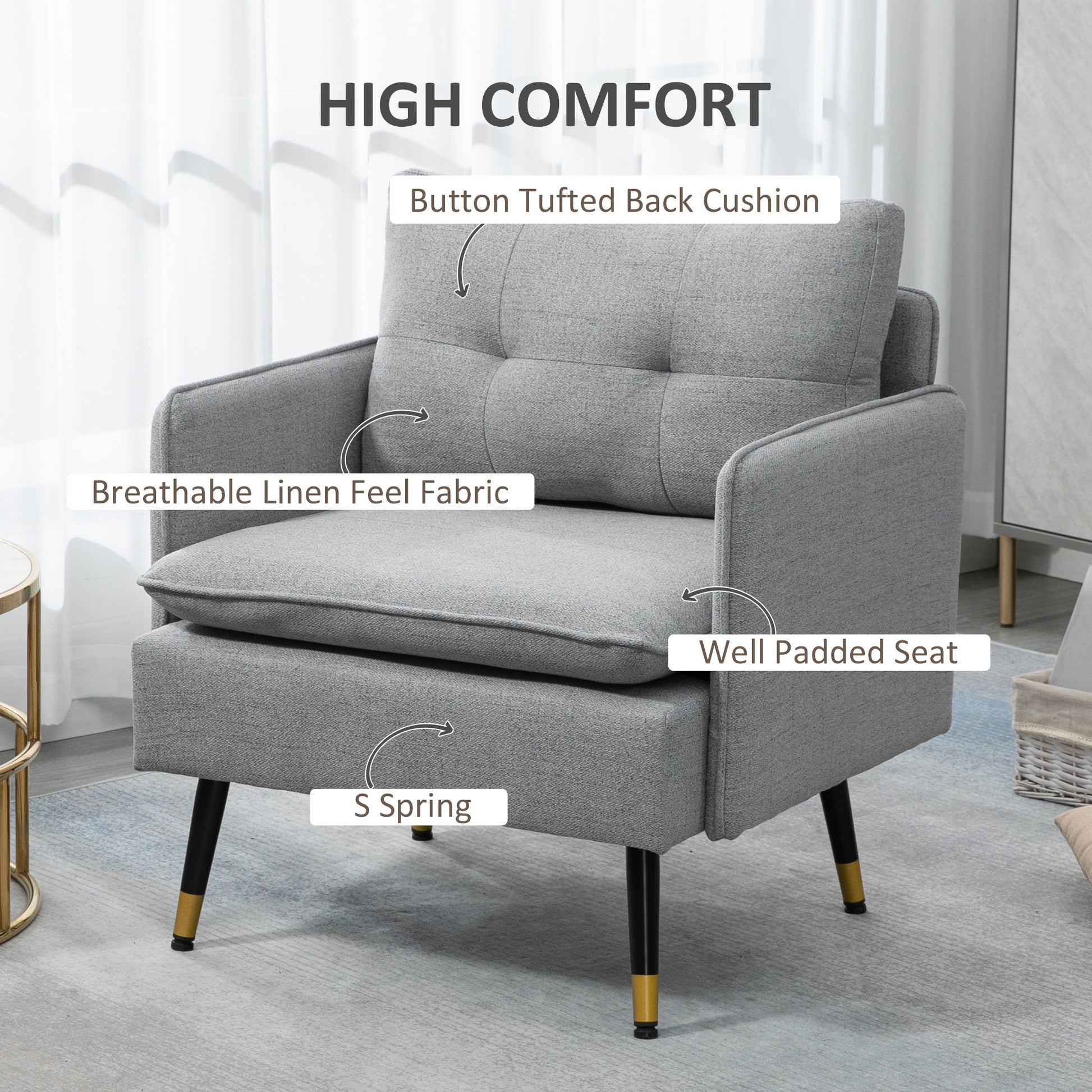 HOMCOM Modern Accent Chair Upholstered Button Tufted Occasional Chair Living Room Bedroom Grey - ALL4U RETAILER LTD