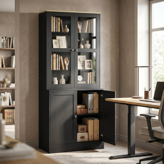 HOMCOM Modern Glass Doors Bookcase With Adjustable Shelves And Display Storage Cabinet Black