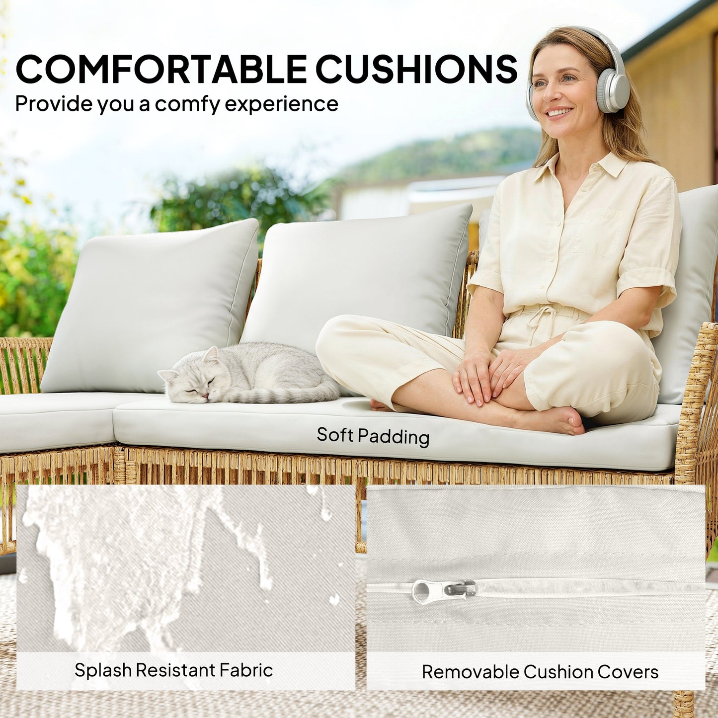 Outsunny 3 Piece Rattan Garden Furniture Set With Corner Sofa, Chaise Lounge And Glass Coffee Table, Cushions