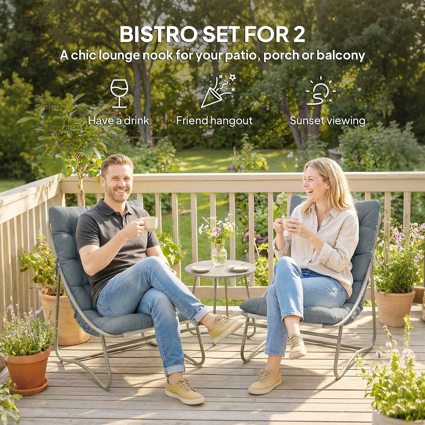 Outsunny 3 Piece Garden Bistro Set With Round Outdoor Table And Texteline Seats Cushions For 2 Dark Grey