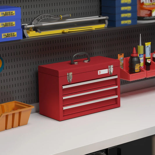 DURHAND Lockable Metal Tool Box - 3 Drawer Tool Chest with Latches, Handle, Ball Bearing Runners - Red