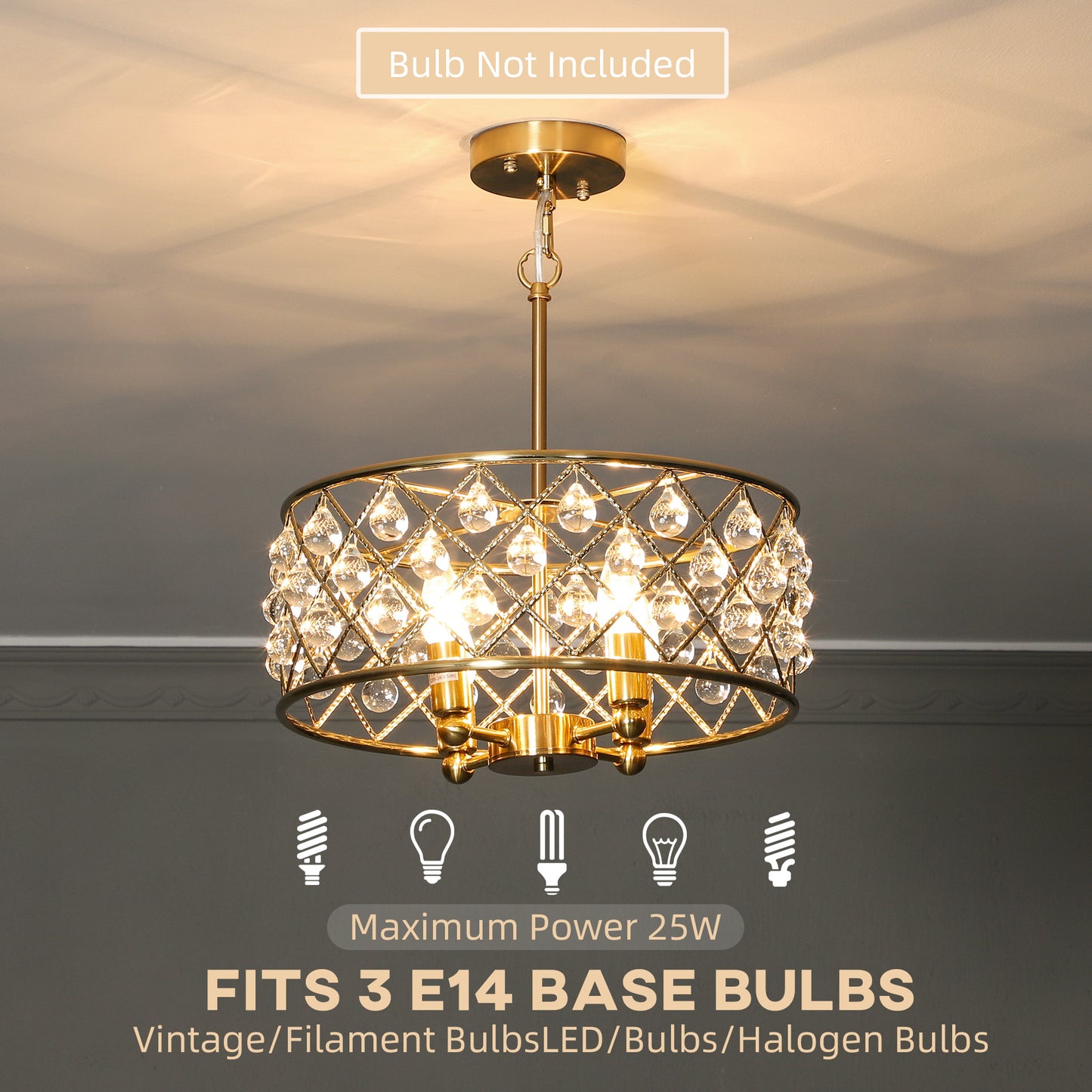 HOMCOM 51 Crystallite Four Bulb Chandelier Gold Tone With Adjustable 130 Cm Chain And Sparkling Crystal Balls