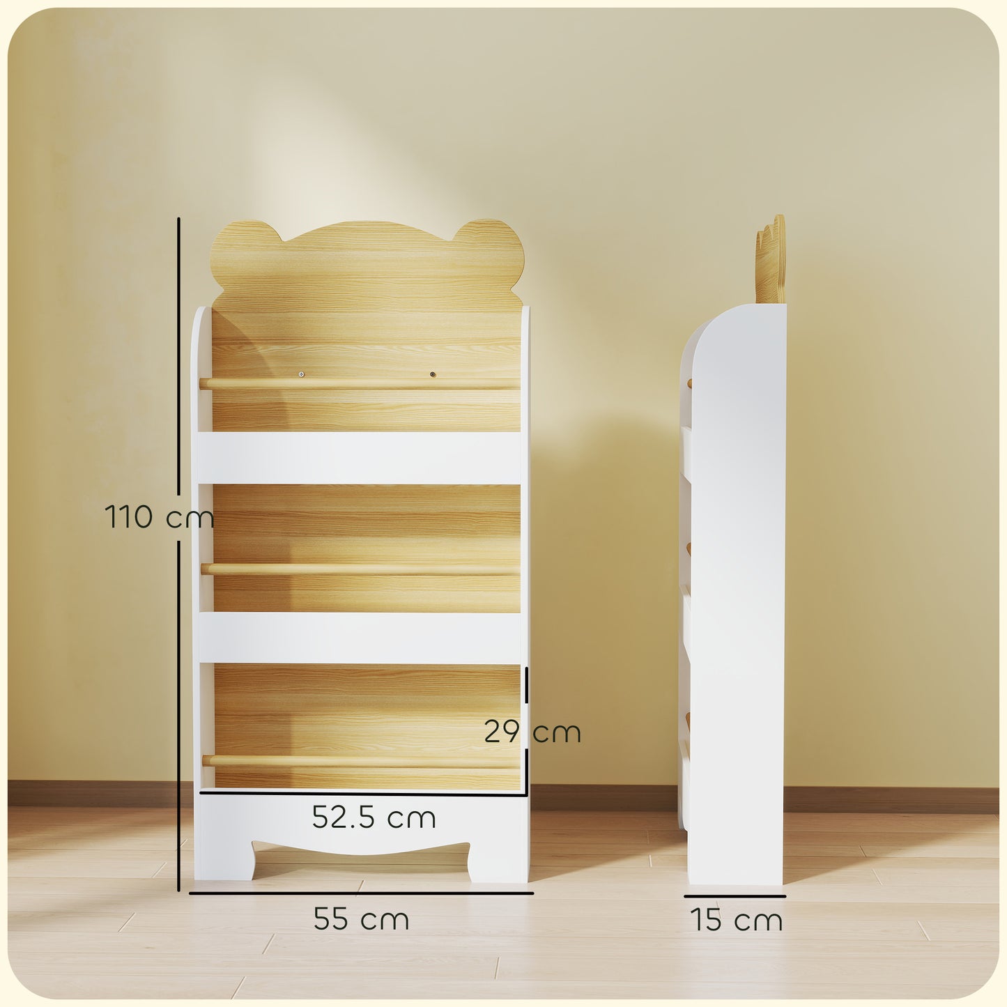 AIYAPLAY Bear Themed Kids Bookshelf 3 Tier White Space Saving Bookcase For Living Room Toddler