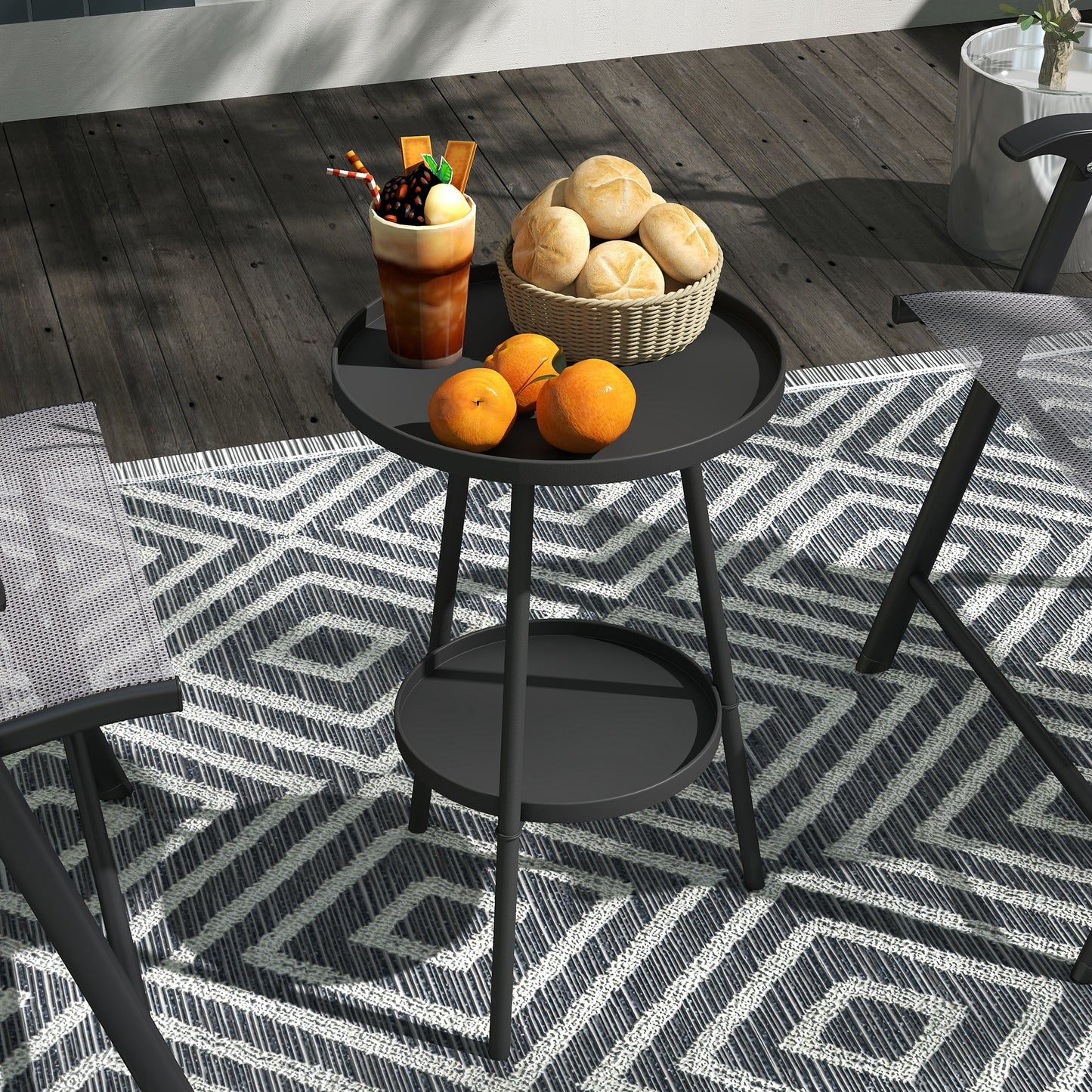 Outsunny Two Tier Round Metal Garden Table Outdoor Indoor Weather Resistant Black Finish
