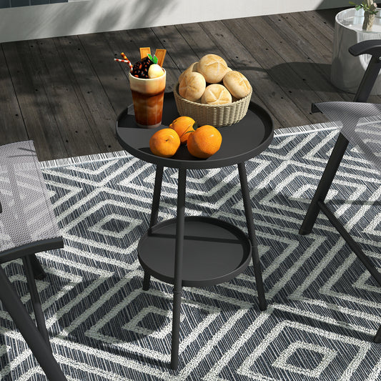 Outsunny Two Tier Round Metal Garden Table Outdoor Indoor Weather Resistant Black Finish