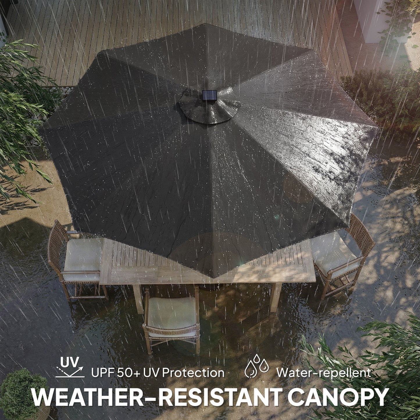 Outsunny 3m Garden Parasol Umbrella With 112 Solar Powered LED Lights USB Charging Crank Handle Black