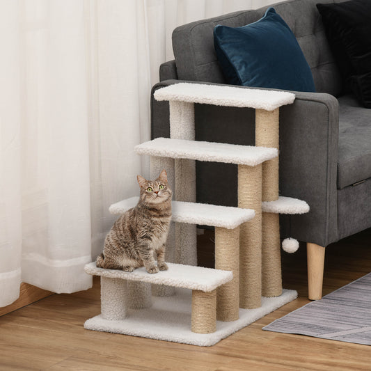 PawHut Multi-Level Cat Climbing Stairs with Scratching Posts and Play Features for Indoor Kittens and Elderly Cats, White - ALL4U RETAILER LTD