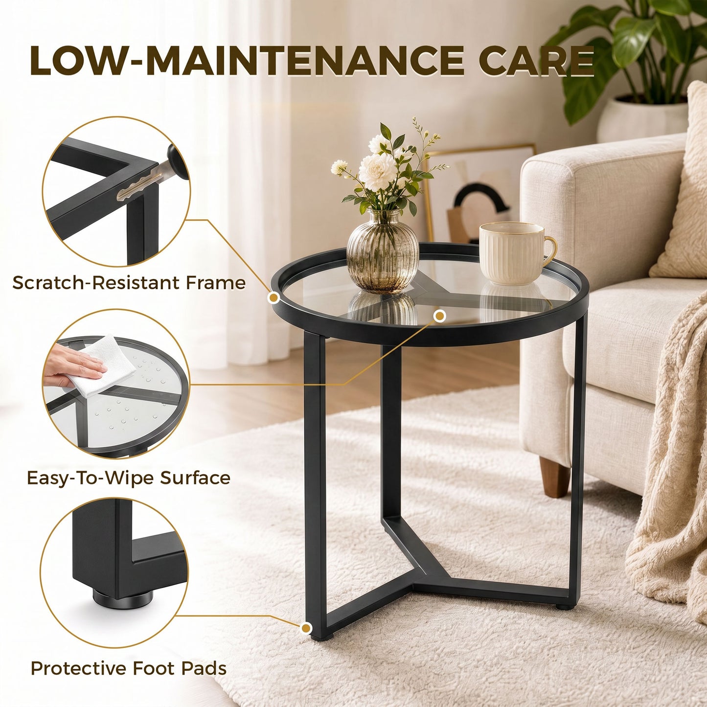 HOMCOM Round Side Table With Tempered Glass Top And Geometric Metal Frame For Small Spaces Black