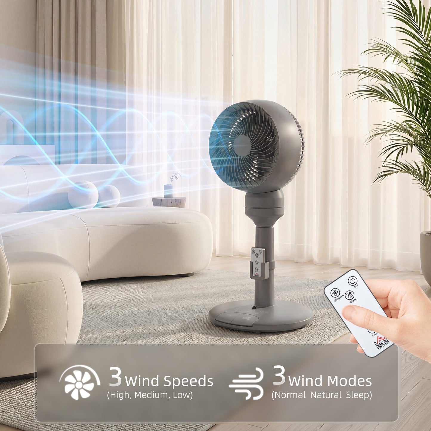 HOMCOM Air Circulator Pedestal Fan With Remote Control 3 Speeds 3 Modes 9 Inch Grey For Home Office