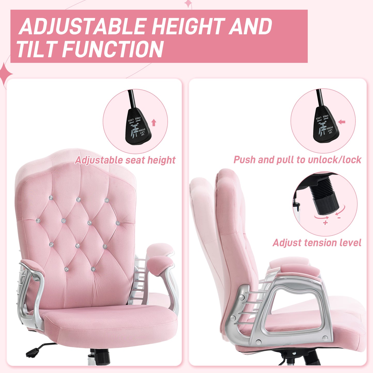 Vinsetto Glamorous Pink Velvet Office Chair with 360° Swivel Wheels and Adjustable Height - ALL4U RETAILER LTD