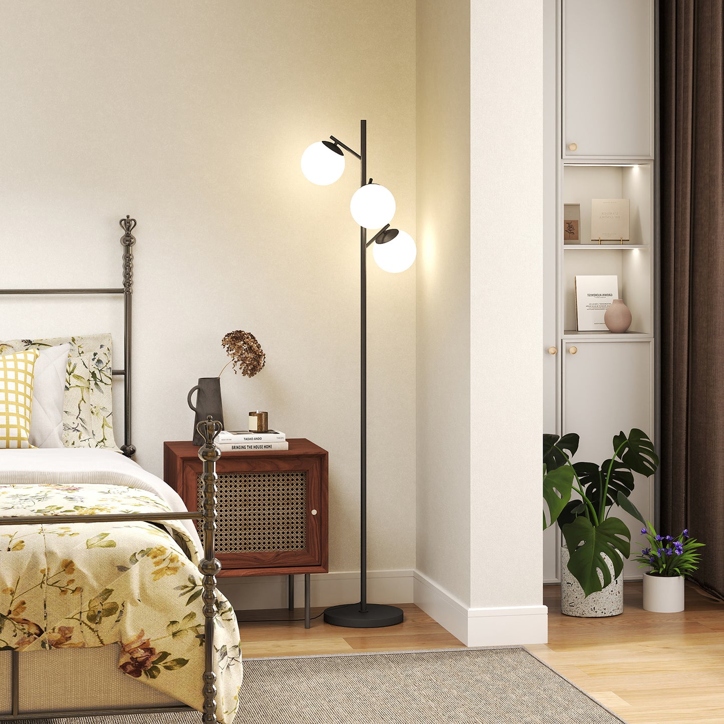 HOMCOM 3 Light Tree Floor Lamp Living Room Modern Standing Lamp Globe Lampshades Black Steel Base Bulb Not Included