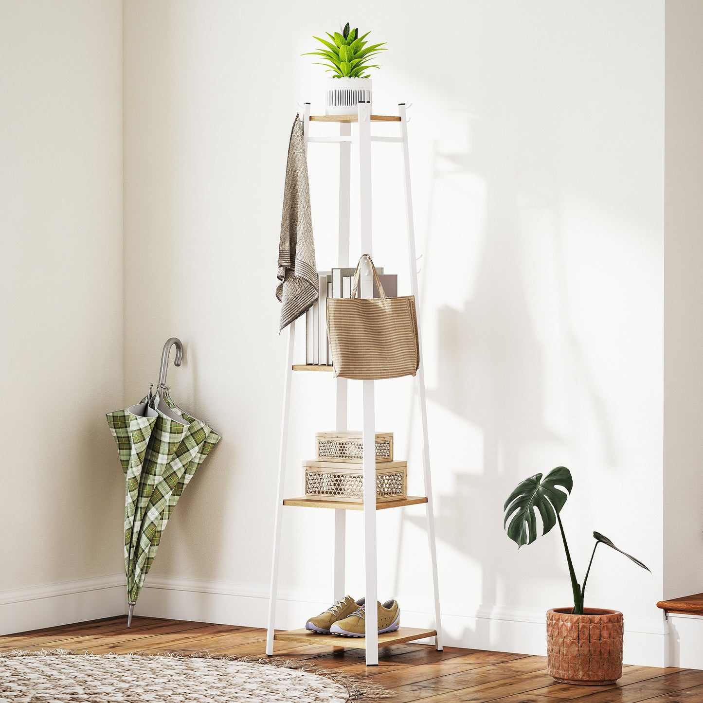 HOMCOM Compact Freestanding Coat Rack White Oak Finish With Eight Double Hooks And Three Shelves For Corner Spaces