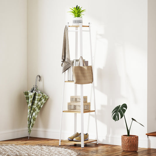 HOMCOM Compact Freestanding Coat Rack White Oak Finish With Eight Double Hooks And Three Shelves For Corner Spaces