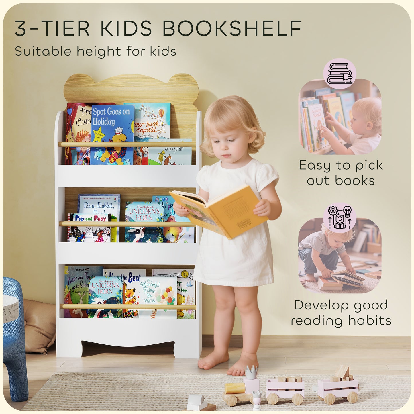 AIYAPLAY Bear Themed Kids Bookshelf 3 Tier White Space Saving Bookcase For Living Room Toddler