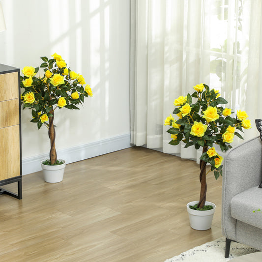 Outsunny Set of 2 Artificial White Rose in Pot Realistic Fake Plants for Home Indoor Decor 90cm Yellow