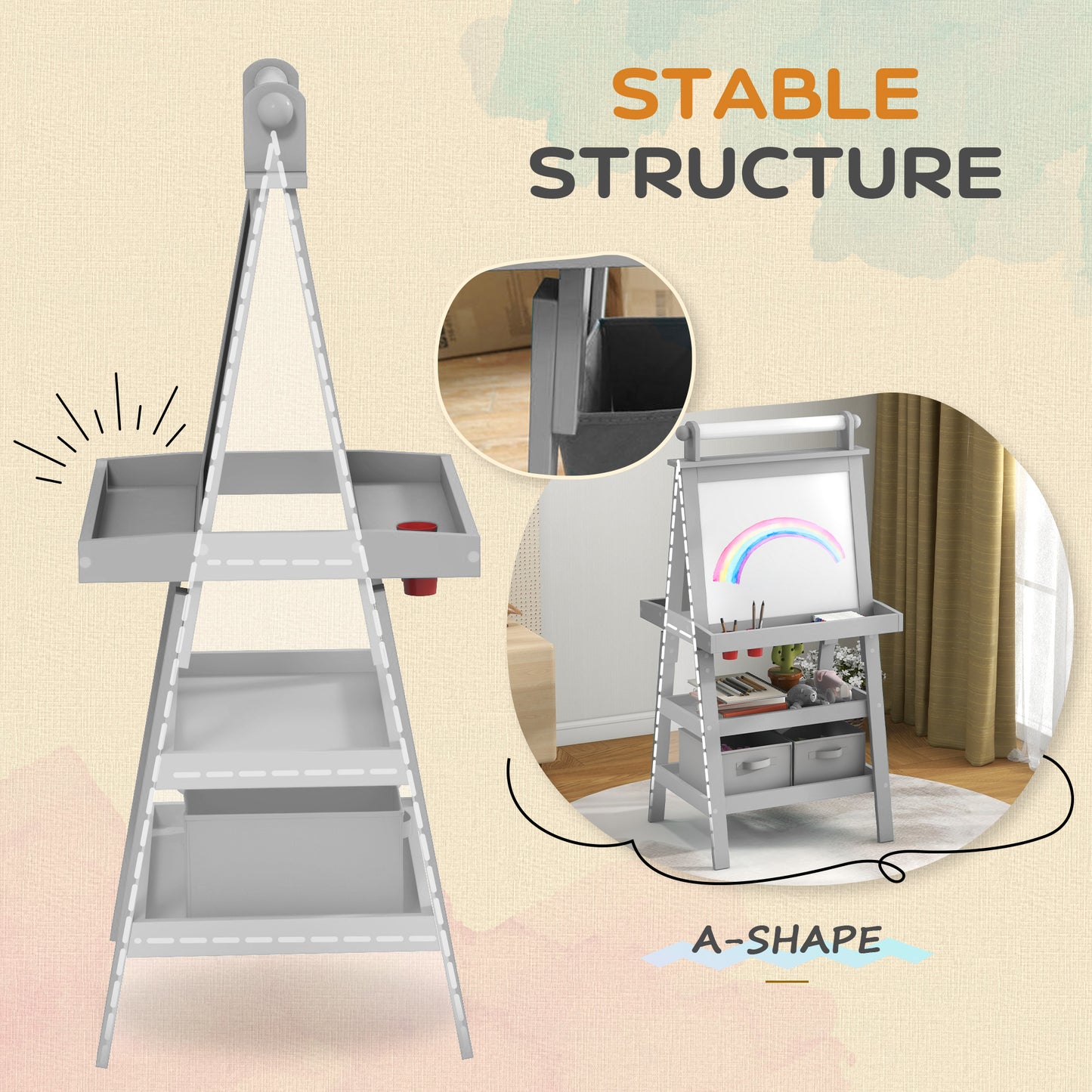 AIYAPLAY 3 in 1 Kids Easel Double Sided Magnetic Whiteboard and Chalkboard with Paper Roll and Storage Baskets Grey