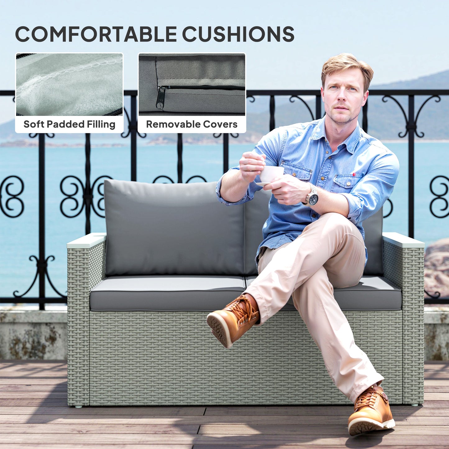 Outsunny Four Piece Rattan Sofa Set With Wood Top Table Outdoor Patio Garden Seating For Four