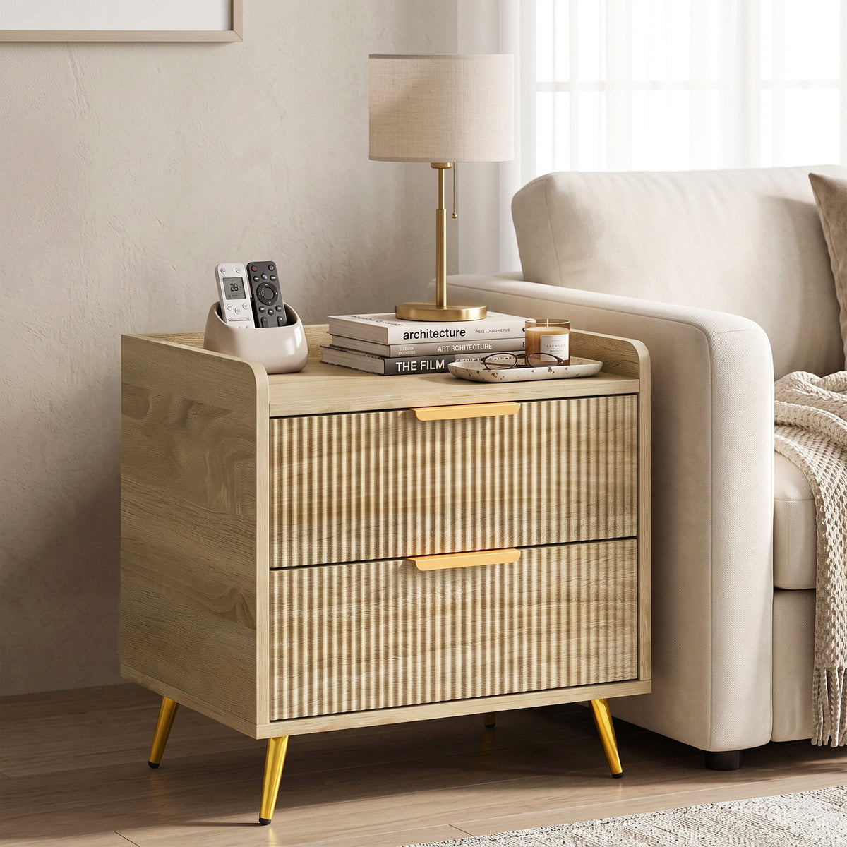 HOMCOM Bedside Table With Two Drawers Metal Legs Natural Wood Finish