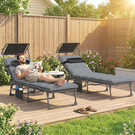 Outsunny Folding Sun Loungers Set Of 2 With Canopy Cushions Side Pocket And Carrying Handle Light Grey