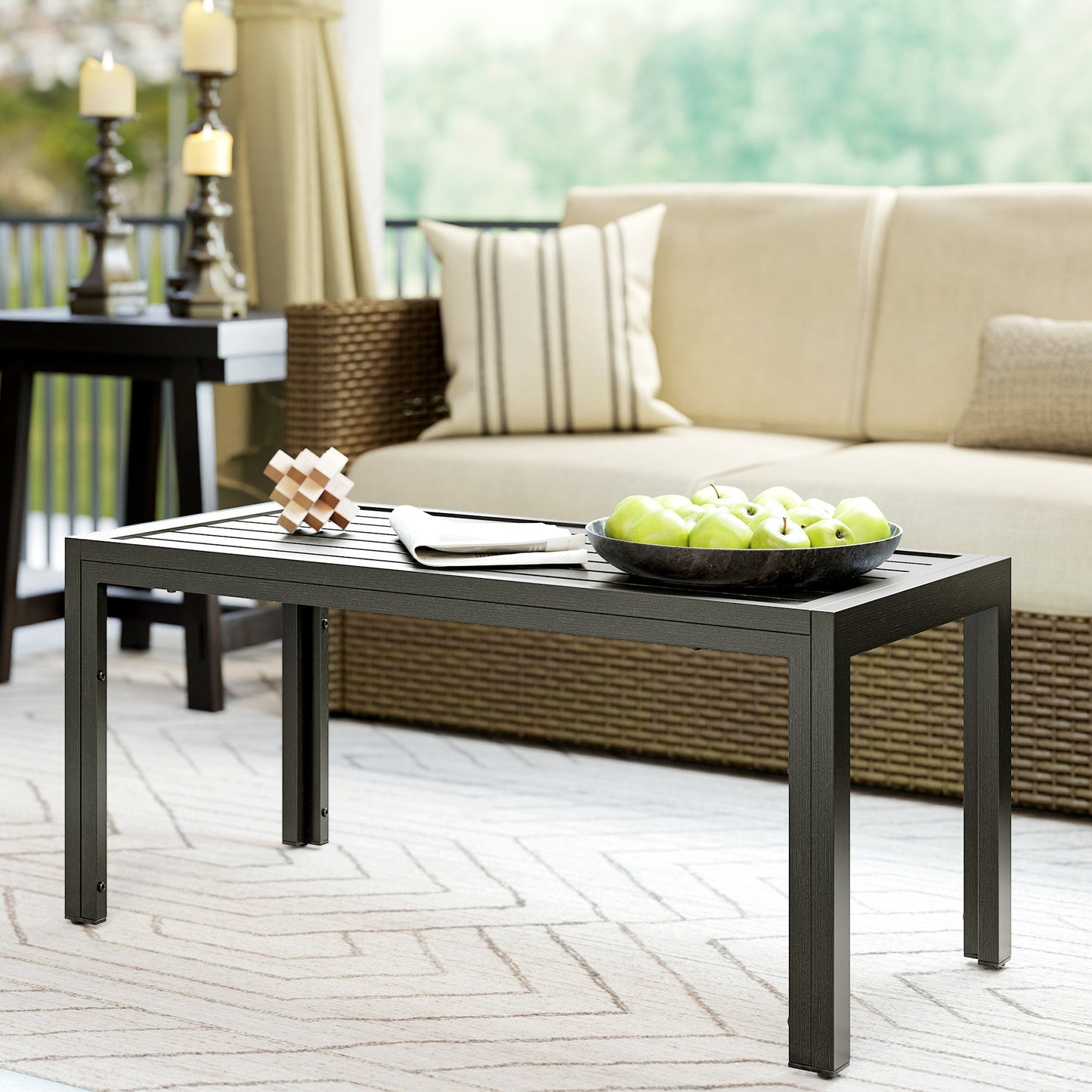 Outsunny Outdoor Rectangular Side Table With Steel Frame And Slat Tabletop For Garden Balcony Grey