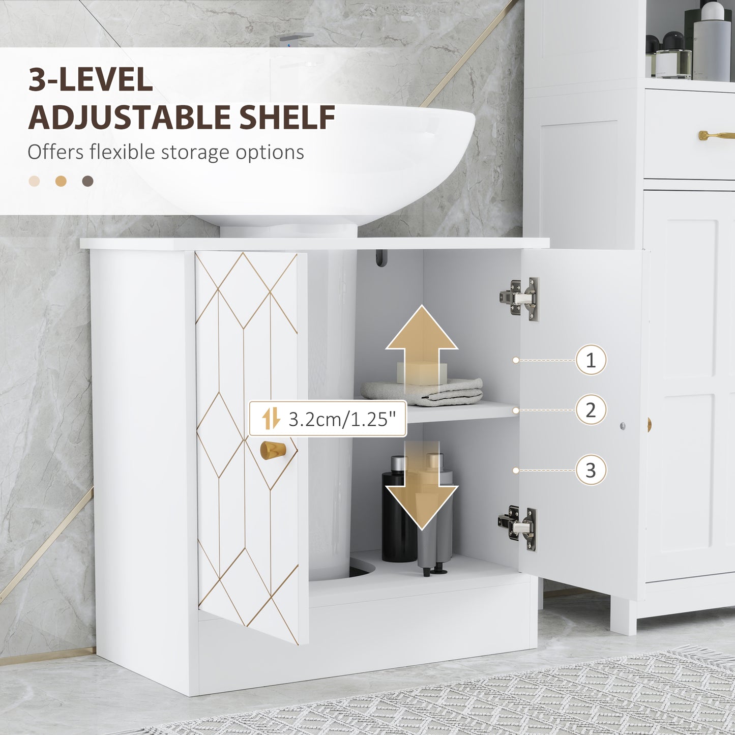 HOMCOM Under Sink Bathroom Cabinet With Adjustable Shelf And Open Compartments For Basins 60x30x60cm White