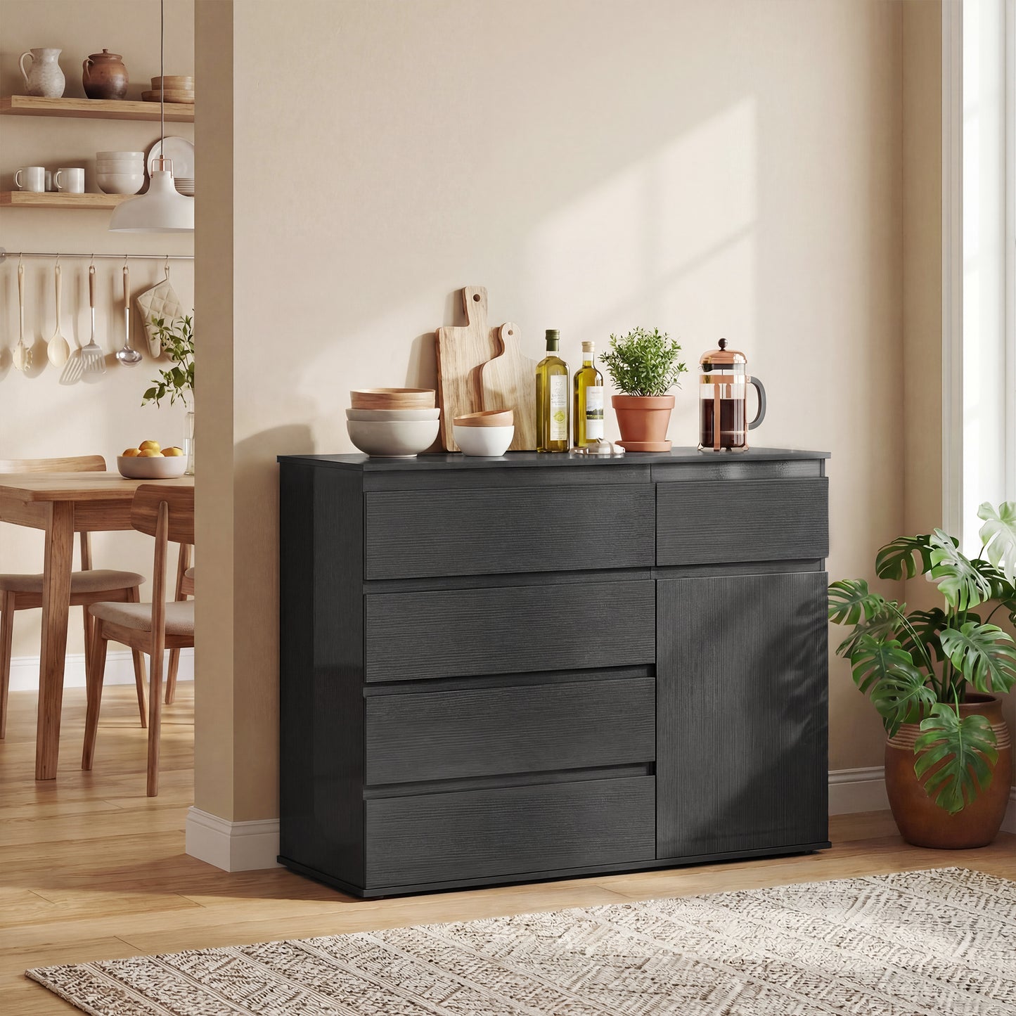 HOMCOM Modern Sideboard With 5 Drawers And Adjustable Shelf Soft Close Door Black Finish