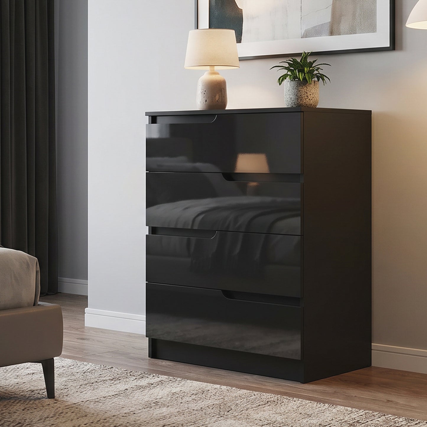 HOMCOM Four Drawer Chest With High Gloss Front Drawers In Black For Modern Bedroom Storage