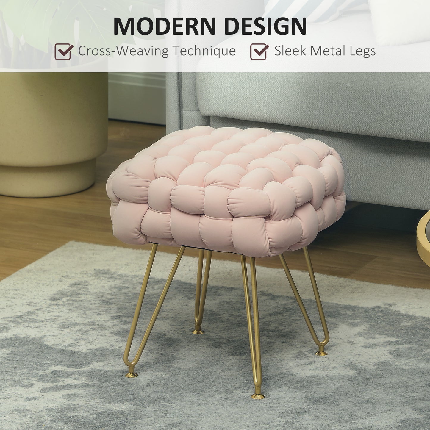 HOMCOM Velvet Feel Bold Cross Woven Footstool Pink for Living Room Bedroom Hallway and Office
