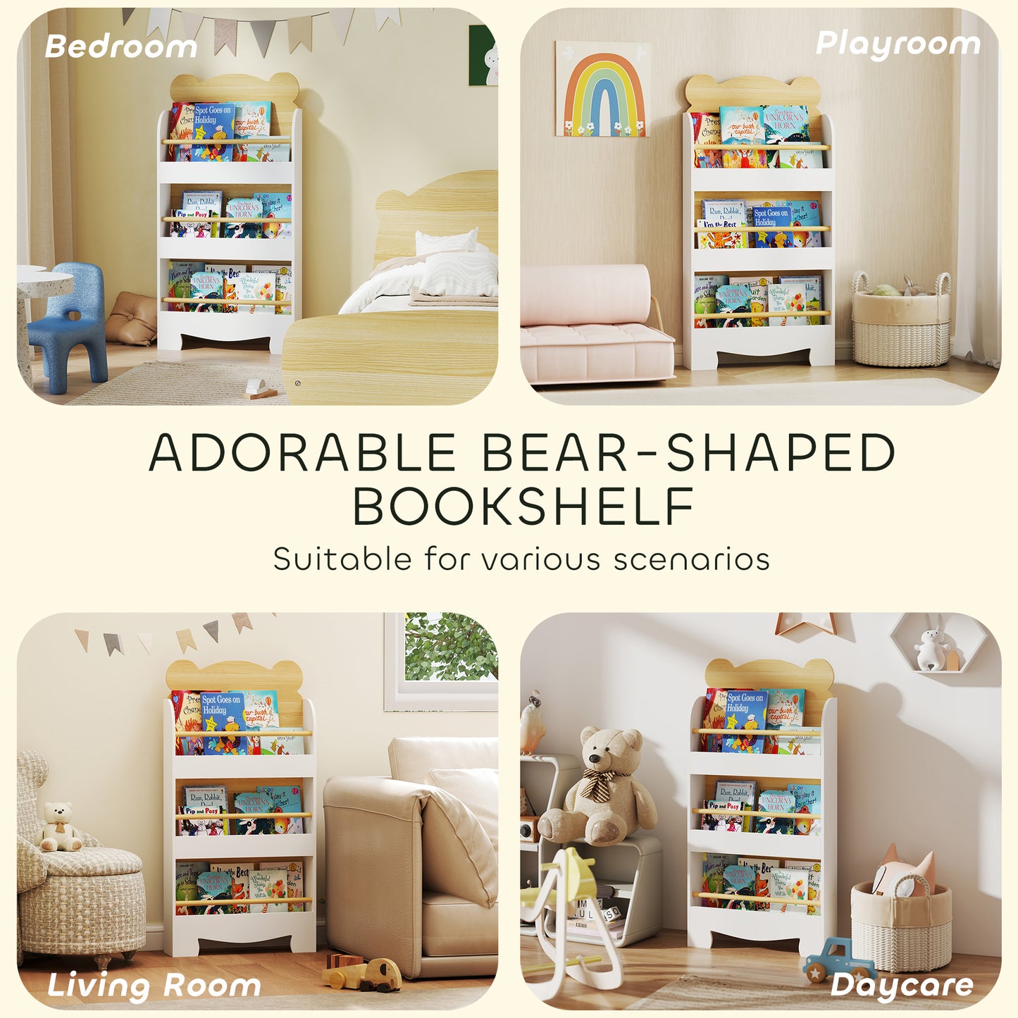 AIYAPLAY Bear Themed Kids Bookshelf 3 Tier White Space Saving Bookcase For Living Room Toddler