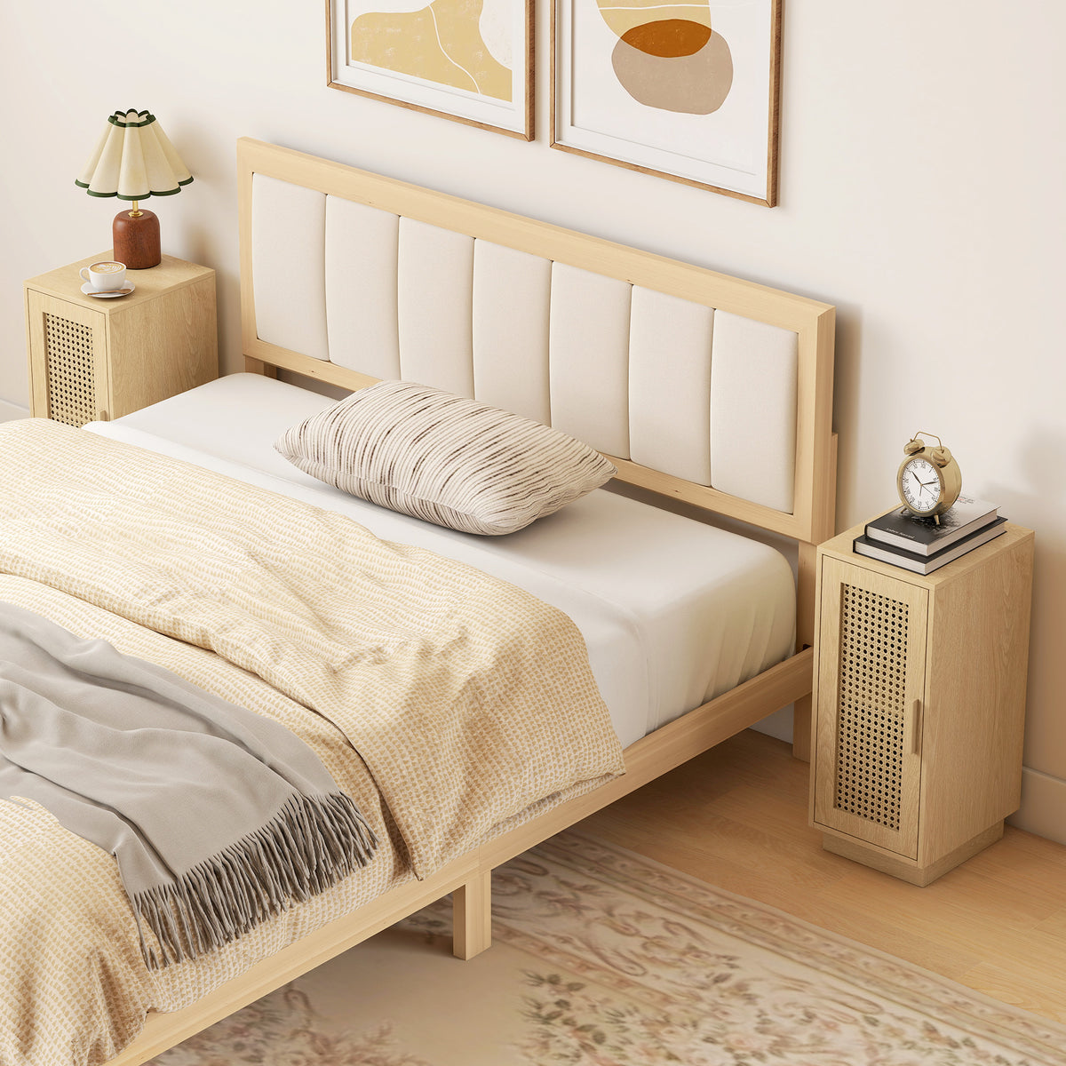 Rattan door slim nightstand with lattice door and pine wood handle next to bed