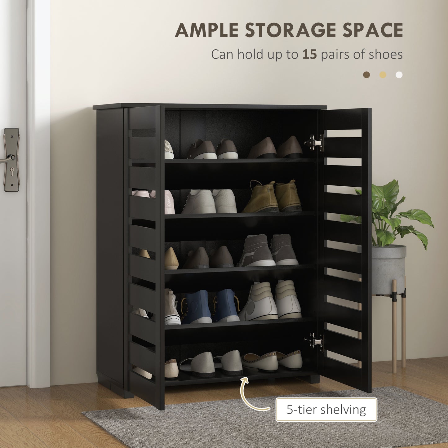 Homcom Narrow Shoe Cabinet For Entryway, Slim 5-Tier Storage With 2 Slatted Doors And Adjustable Shelves