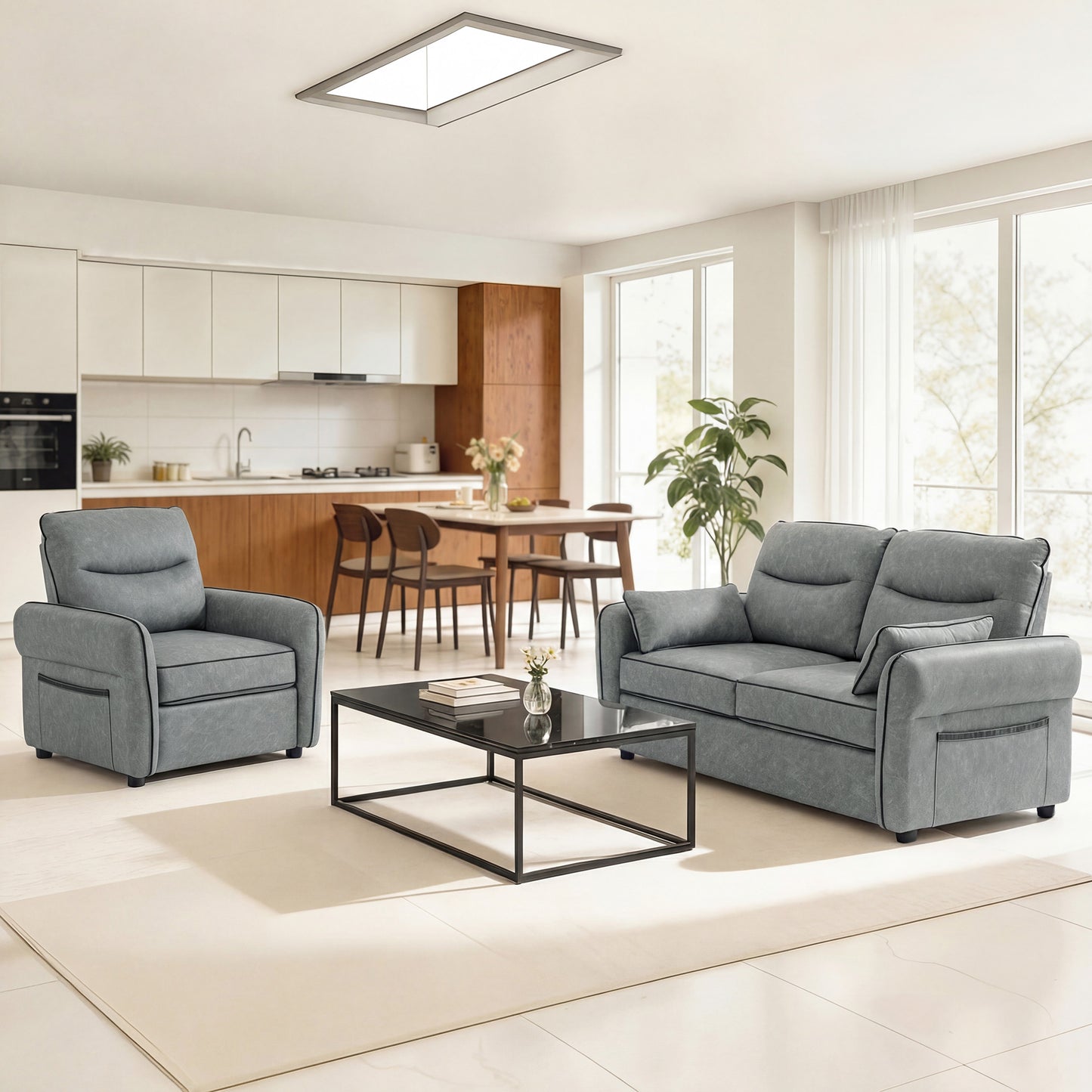HOMCOM 3 Seater Faux Leather Sofa Grey With Black Piping Modern Minimal Design And Comfort