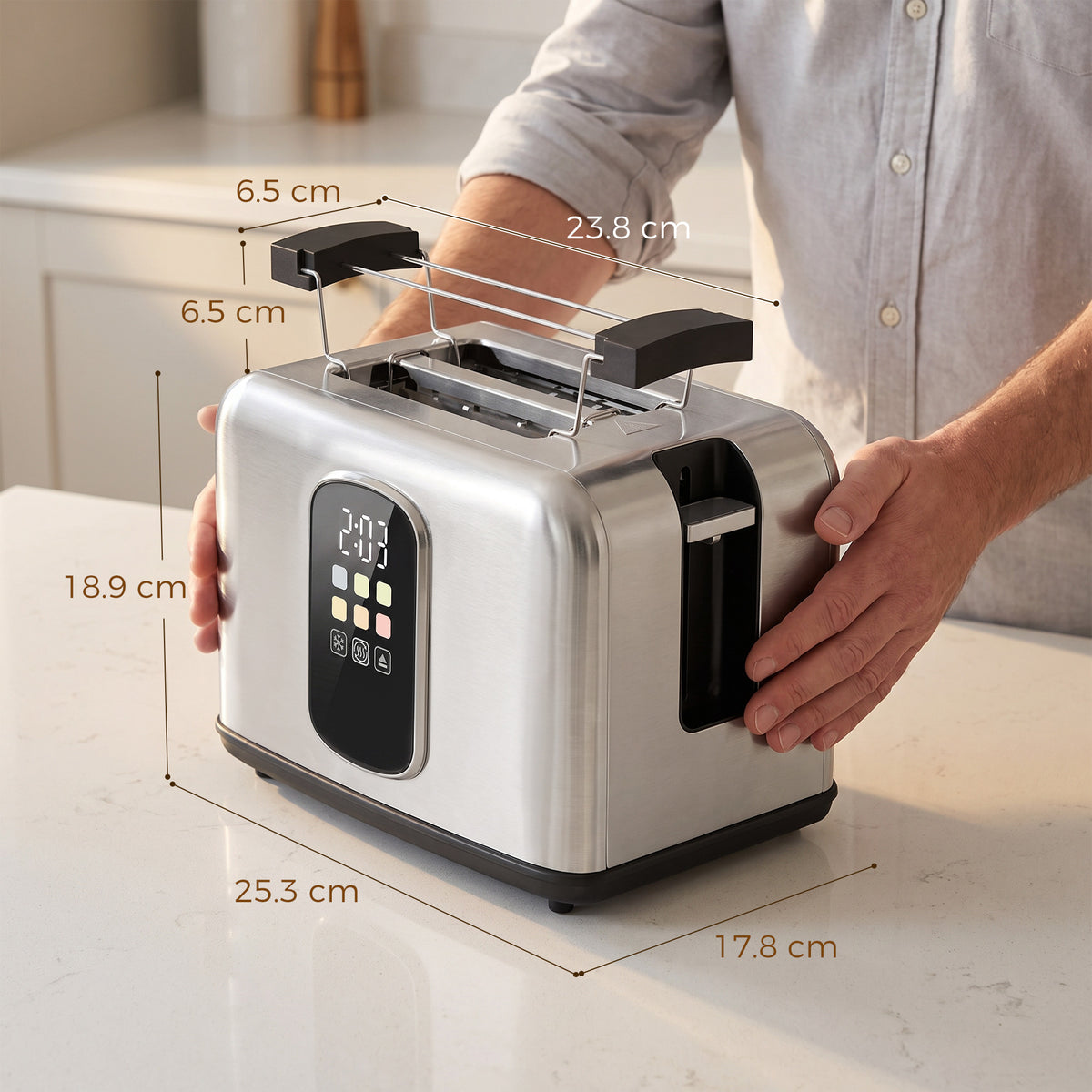 Stainless steel 2-slice toaster with LED touch panel and open toasting slots