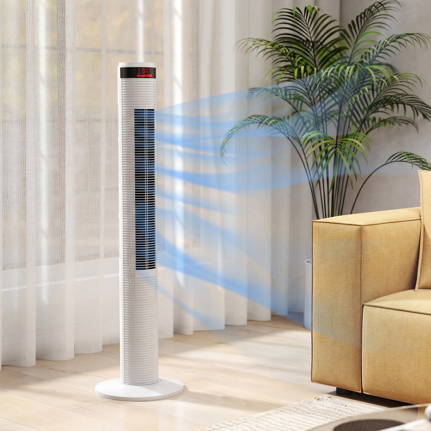 HOMCOM Oscillating Tower Fan with Remote Control, 3 Speed Settings and 4 Wind Modes, White