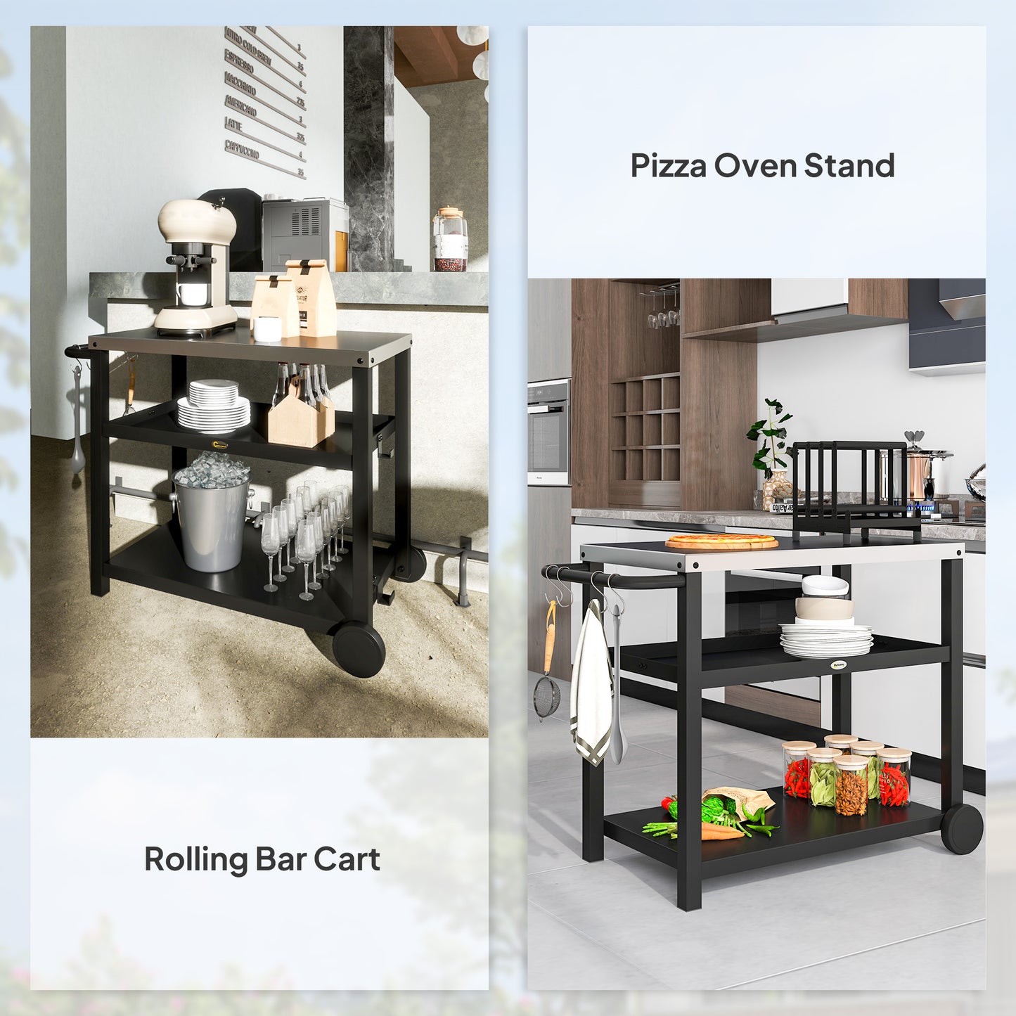 Outsunny Outdoor Grill Cart Three Shelf Movable Table With Stainless Steel Top Portable BBQ Trolley Charcoal Grey