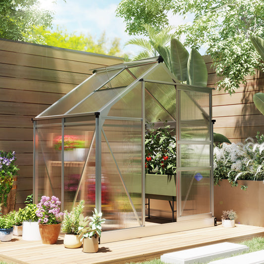 Outsunny Large Polycarbonate Greenhouse Walk In With Slide Door And Window Aluminium Frame 6x4ft Silver Tone