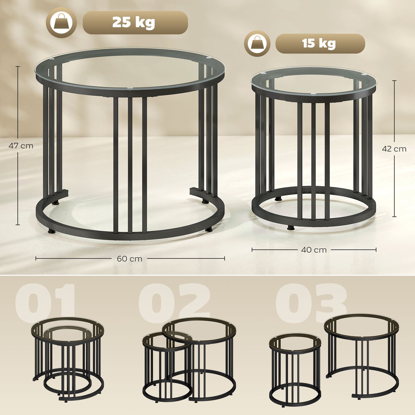 HOMCOM Round Coffee Tables Set of 2 Nesting Tables With Tempered Glass Tops And Steel Frame In Black