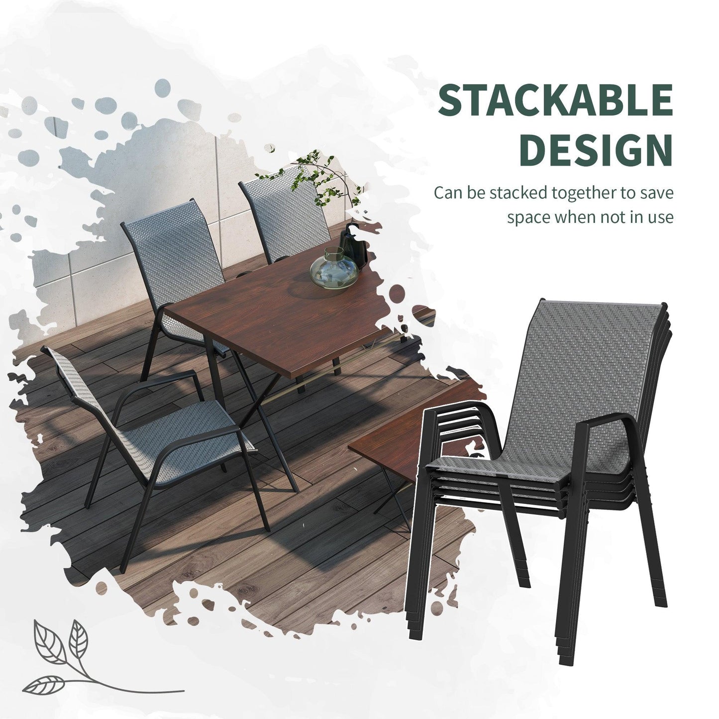 Outsunny Stackable Outdoor Rattan Chairs Set of 4 with Armrests and Backrest, Grey - ALL4U RETAILER LTD