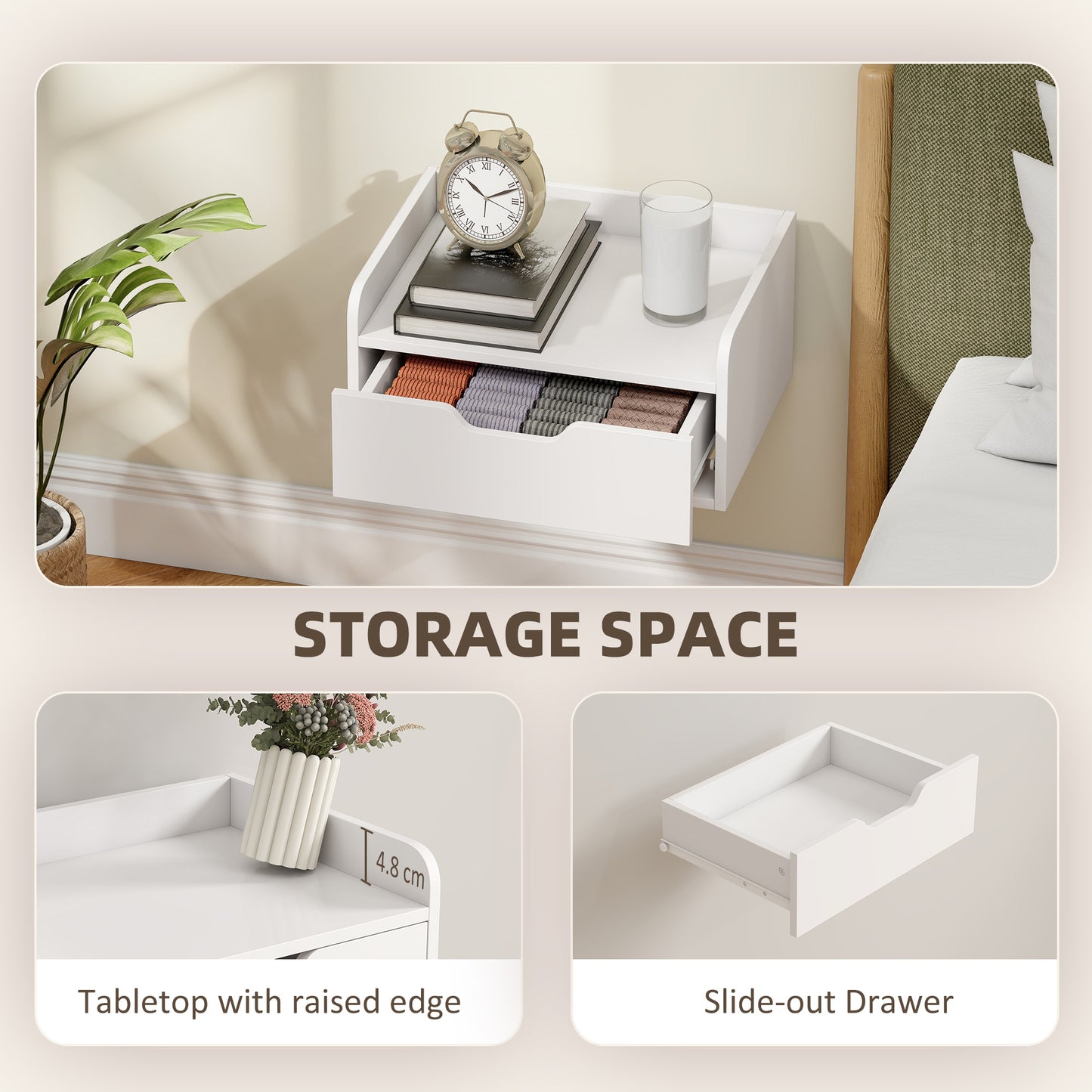 HOMCOM Floating Nightstands Set Of 2 Wall Mounted Bedside Tables With Drawer And Shelf White
