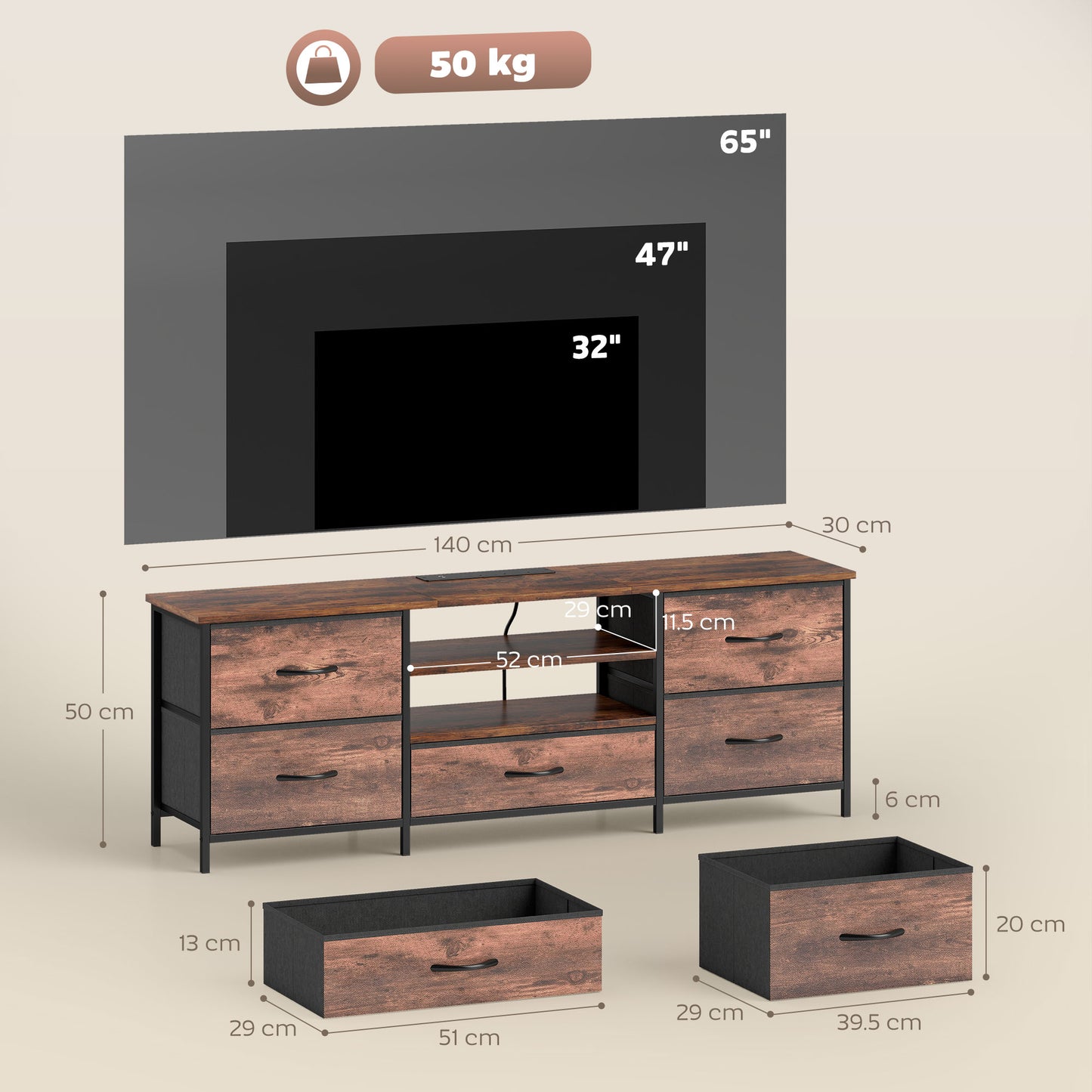 HOMCOM Multi Storage Industrial TV Stand For 65 Inch TV Dark Wood Effect With Grey Fabric Drawers And Steel Frame