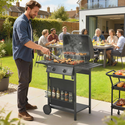 Outsunny Two Burner Gas Grill With Side Tables Warming Rack Thermometer Grease Tray Black