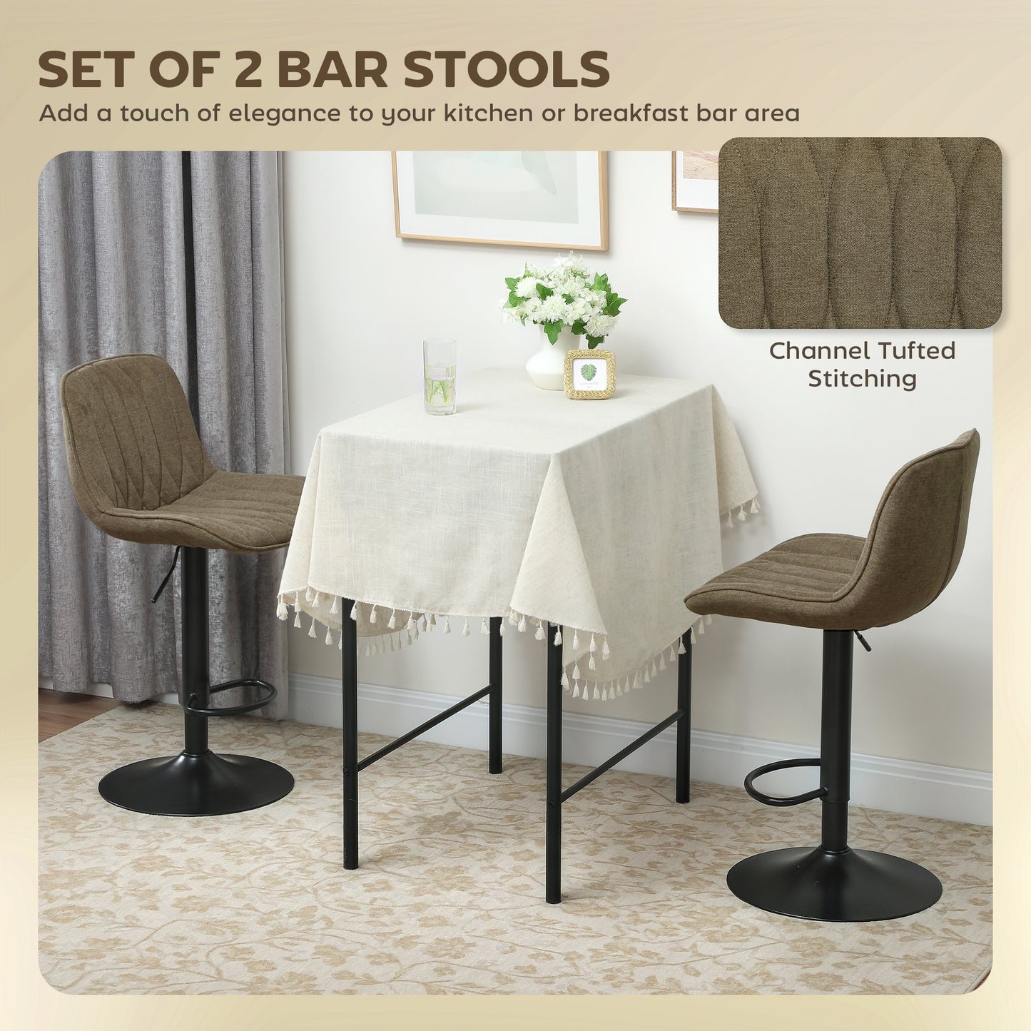 HOMCOM Set of Two Linen-Look Bar Stools Brown With Padded Seats And Adjustable Height 60-80 cm 360 Degree Swivel