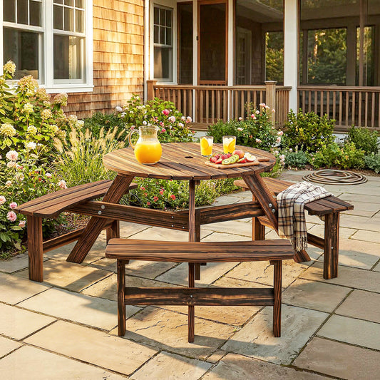 Outsunny 6 Seater Wooden Round Dining Set with Bench and Parasol Hole for Outdoor Garden Patio Carbonized