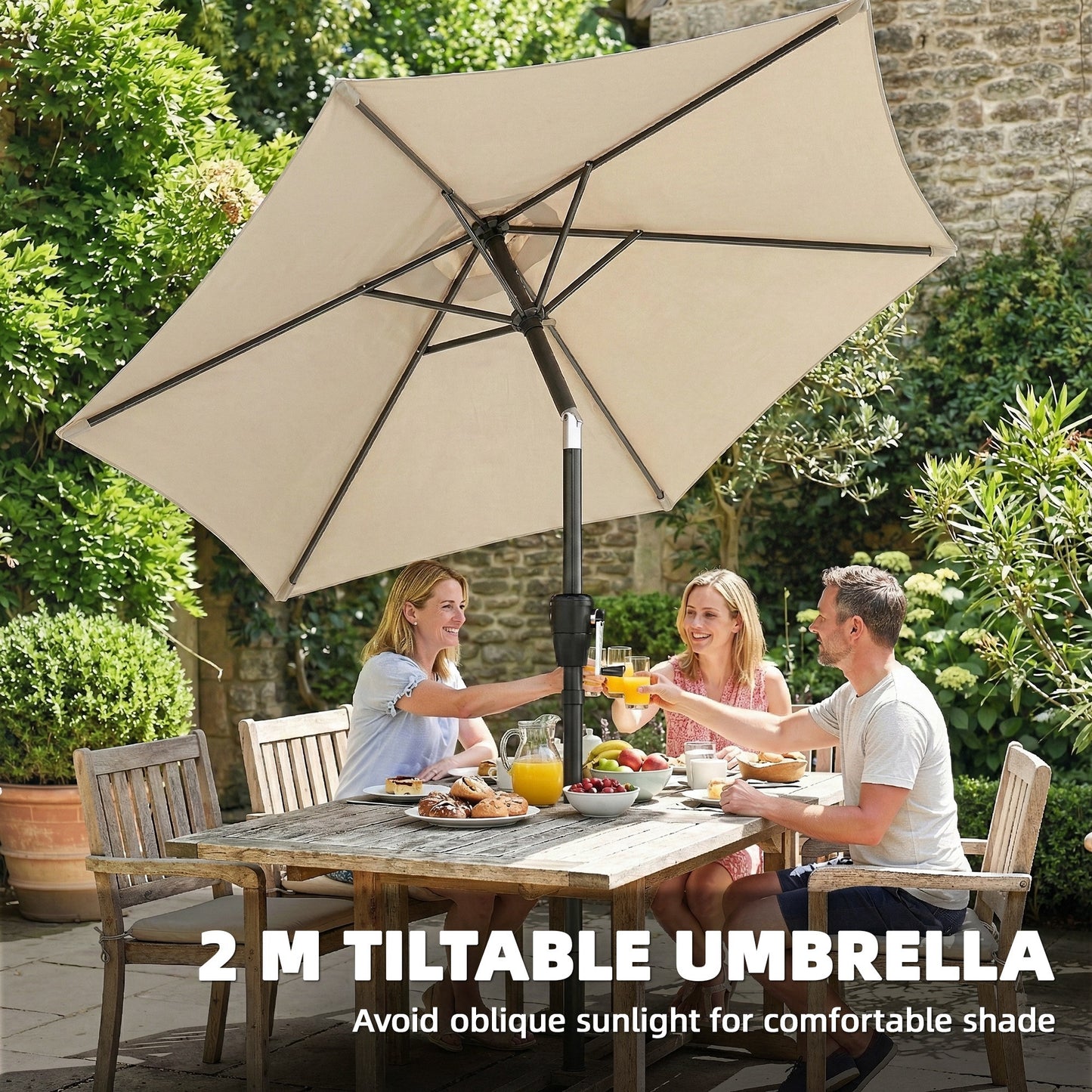 Outsunny 2M Garden Parasol Umbrella With Crank Handle Tilt Function UV 30 Plus Protection For Outdoor Patio Table
