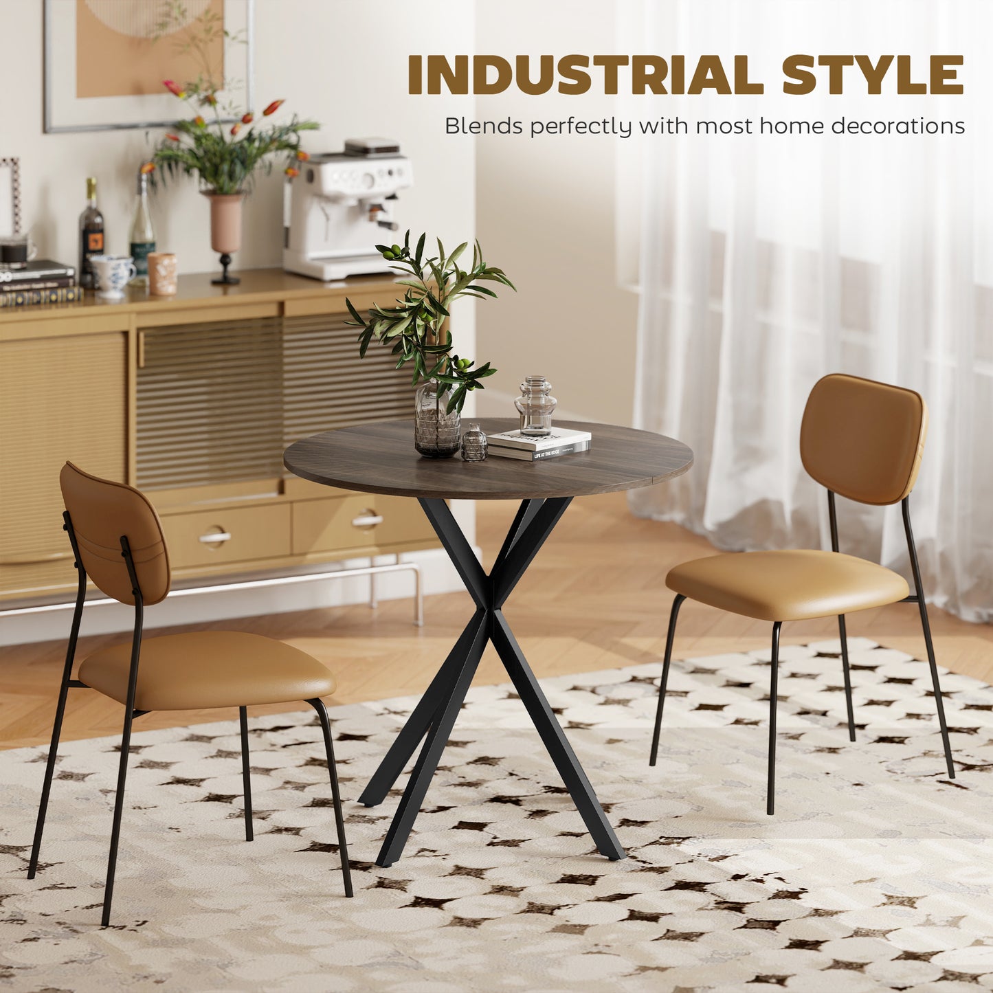 HOMCOM 80 Centimeter Industrial Round Dining Table Brown With X Shaped Legs Ideal For Family Meals