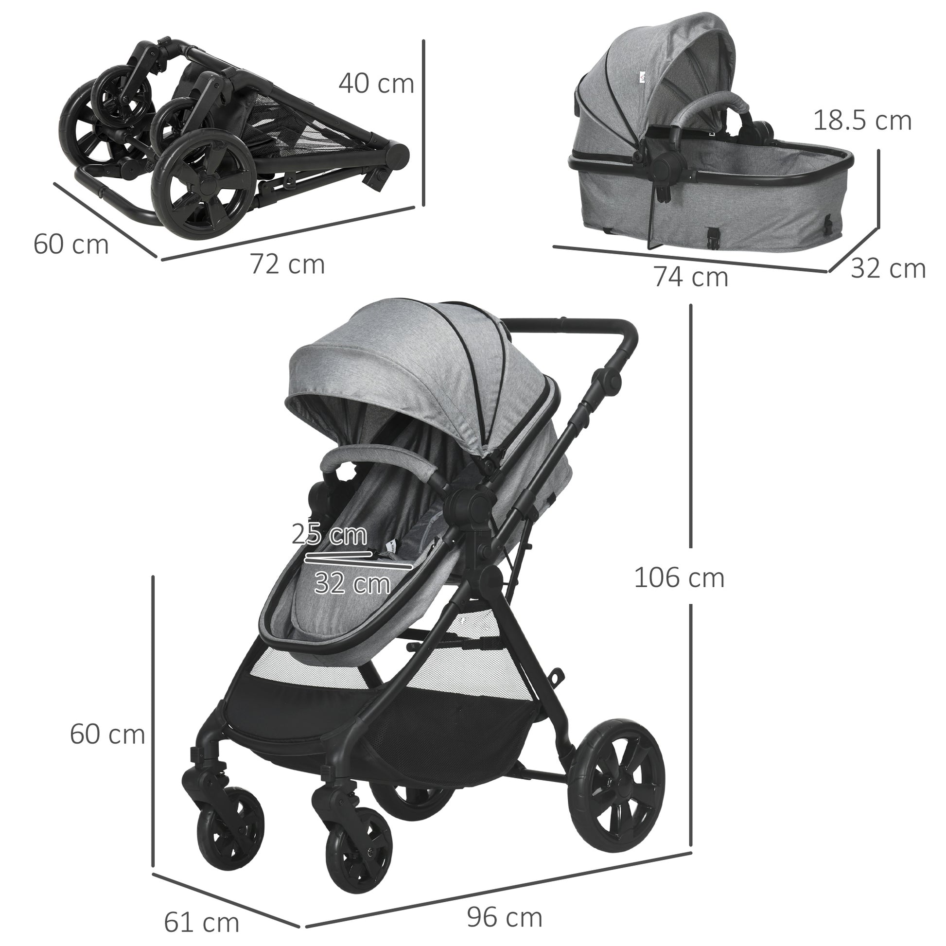 HOMCOM 2-in-1 Lightweight Pushchair with Reversible Seat and Fully Reclining Design for Infants to Toddlers, Grey - ALL4U RETAILER LTD