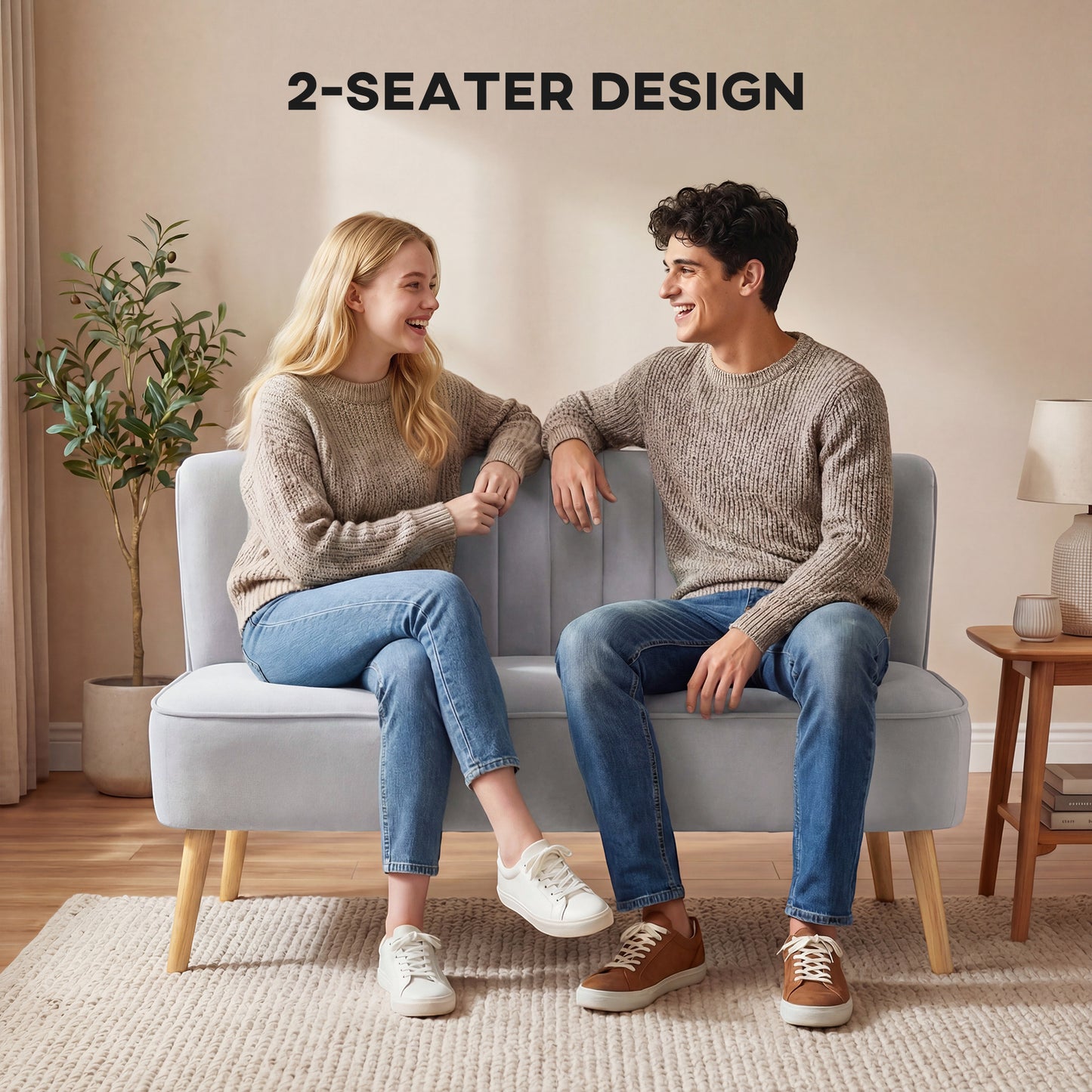 HOMCOM Modern Velvet Double Seater Sofa With Wood Frame Foam Padding Soft Comfortable Compact Couch Light Grey