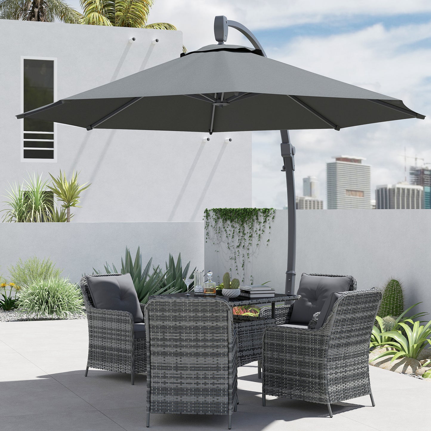 Outsunny 3m Cantilever Parasol Banana Patio Umbrella with Crank Handle Aluminum Frame Cross Base 360 Rotation Grey