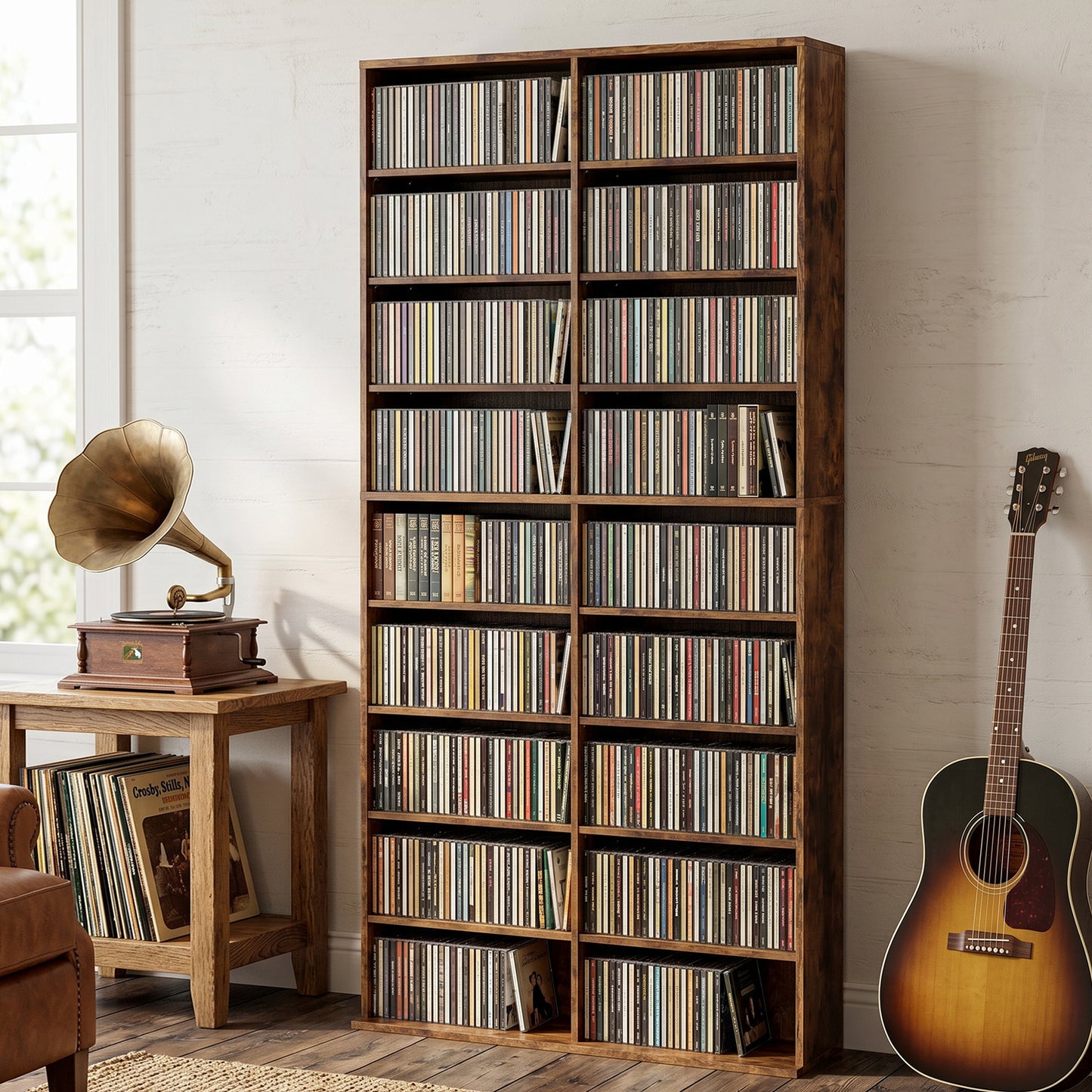 HOMCOM 640 CD Storage Tower Rustic Brown with 14 Adjustable Shelves and Anti Tipping